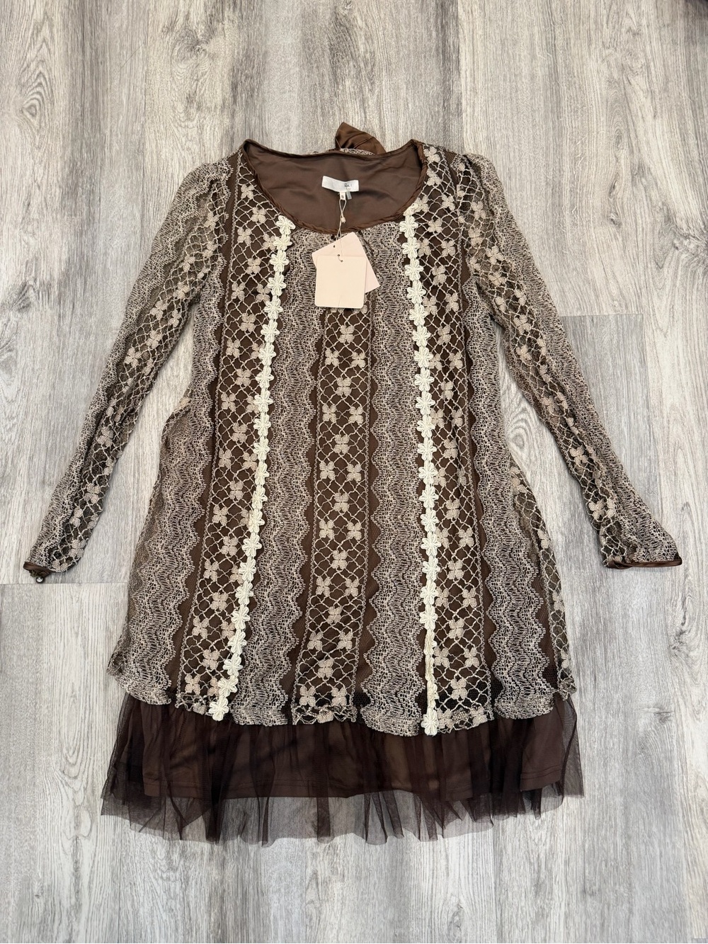 Ryu Brown Lace Bow Detail Dress Size Small NWT Coquette Romantic